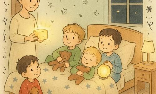 Ci sono 5 personaggi: una mamma di circa 30 anni con capelli castano chiaro raccolti in uno chignon, vestito crema, in piedi vicino alla porta a sinistra che porge una piccola scatola luminosa; un bambino di 6 anni con capelli castani corti in pigiama blu a righe seduto sul bordo del letto a destra che tiene una lanterna rotonda con luce gialla soffusa; un bambino di 5 anni con capelli biondi spettinati in pigiama verde sdraiato al centro del letto che abbraccia un grande peluche marrone; un bambino di 4 anni con capelli neri in pigiama rosso a stelline seduto ai piedi del letto che guarda la lanterna con occhi rasserenati; un bambino di 3 anni con capelli castano scuro in pigiama color senape rannicchiato contro un cuscino a sinistra che tiene un orsacchiotto. Ambientazione: una cameretta bassa e accogliente con pareti pastello e adesivi a stelle, un grande letto in legno chiaro con coperta a stelle, un tappeto morbido, una abat-jour e una finestra che mostra il cielo notturno. Situazione: notte tranquilla al momento della nanna, la lanterna proietta un cerchio di luce calda che illumina i volti dei bambini e crea ombre morbide, la mamma offre la scatola luminosa, i bambini si calmano e sorridono in un'atmosfera intima e rassicurante.