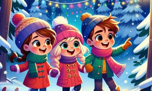 In una foresta magica innevata, tre bambini si trovano al centro della scena. Luca, un bambino di tre anni con capelli castani e occhi scintillanti, indossa un cappotto rosso vivo e un berretto abbinato. Sorride gioiosamente guardando i suoi amici. Alla sua sinistra, Sofia, una bambina di cinque anni con lunghi capelli biondi intrecciati, indossa una sciarpa verde e un cappotto rosa. Punta il dito verso le luci scintillanti degli alberi. A destra, Marco, un bambino di quattro anni con capelli castani e un sorriso birichino, indossa un berretto blu e una giacca gialla. Balla tenendo la mano di Luca. La foresta è illuminata da ghirlande di luci colorate appese ai rami degli alberi, coperti da uno spesso strato di neve scintillante. Fiocchi di neve cadono dolcemente dal cielo stellato, creando un'atmosfera incantevole. I bambini cantano insieme una canzone di Natale, circondati da magia e gioia, mentre un piccolo elfo appare sullo sfondo, pronto ad aiutarli nella loro avventura.