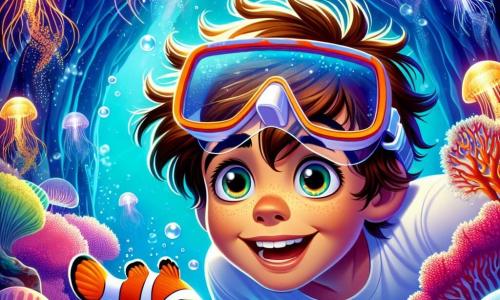 Un niño de 10 años, con cabello castaño despeinado y gafas de buceo en la frente, nada alegremente en una cueva submarina. Su rostro expresa asombro y curiosidad, con los ojos brillantes de emoción. A su lado, un pez payaso de colores vivos, naranja y blanco, flota en círculo, con un aire amistoso y curioso, como si lo invitara a explorar más. El decorado es una cueva submarina iluminada por medusas brillantes, cuyos cuerpos translúcidos proyectan luces azules y violetas en las paredes rocosas. Corales coloridos, rosas y amarillos, rodean al niño, creando un paisaje de ensueño. La situación principal muestra al niño descubriendo un tesoro escondido, una perla brillante en el fondo de la cueva, mientras un remolino de agua crea burbujas a su alrededor, añadiendo a la atmósfera mágica de la aventura.