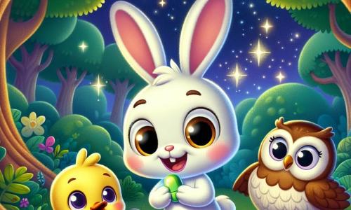 Roco, un pequeño conejo blanco con grandes orejas, está en el centro de la imagen, con los ojos muy abiertos de asombro, sosteniendo una cápsula brillante entre sus patas delanteras. Tiene una sonrisa alegre, con las mejillas sonrojadas por la emoción. A su lado, Pipo, un pequeño pato amarillo con plumas esponjosas, agita sus alas con entusiasmo, su rostro radiante de curiosidad. Un poco más lejos, Serafina, una sabia lechuza de plumas marrones y grandes ojos redondos, los observa con una expresión benevolente, posada en una rama de árbol. El lugar es un claro mágico del Bosque de Brillitos, rodeado de árboles majestuosos con hojas verdes brillantes, bajo un cielo estrellado donde las estrellas brillan como diamantes. La situación principal muestra a Roco y sus amigos descubriendo la cápsula misteriosa que brilla con una luz suave, mientras se preguntan sobre el mensaje de las estrellas, creando una atmósfera de aventura y camaradería.