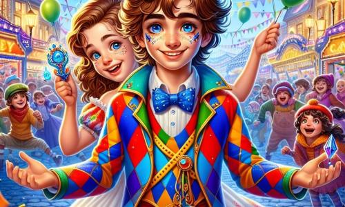 A 12-year-old boy, Finn, with tousled brown hair and sparkling curious eyes, wears a bright harlequin costume with diamond patterns in blue, red, and yellow. He stands at the center of the image, smiling widely and holding a shimmering blue feather, ready for adventure. Next to him is an 11-year-old girl, Zadie, with curly hair and a vibrant paint-splattered dress, encouraging him with a determined look while holding a colorful map. In the background, a lively carnival street is decorated with multicolored garlands, floating balloons, and candy stands, where children laugh and dance. The scene exudes a festive and magical atmosphere, filled with joy and excitement, as Finn and Zadie prepare to solve the mystery of the Carnival.
