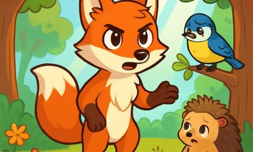 A young fox with bright, curious eyes, a vibrant red coat, and a bushy tail stands at the center of the scene, displaying an expression of determination and compassion. It attentively watches a group of animals gathered around, ready to help them. To its right, a small blue and yellow tit with sad but hopeful eyes perches on a low branch, listening closely to the fox's words. To its left, a prickly hedgehog with a worried look stands near a pile of leaves, seeking a new shelter. The setting is a sunny clearing surrounded by tall trees with lush greenery, with rays of light filtering through the branches. Colorful flowers dot the ground, adding a cheerful touch to the environment. The main situation shows the fox speaking, encouraging the other animals to come together and share their resources to overcome difficulties, fostering a sense of solidarity and hope in the forest.