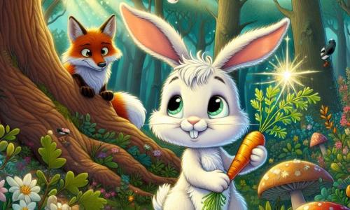 An illustration depicts a young male rabbit with bright white fur and large floppy ears, showing an expression of excitement mixed with a hint of nervousness. Perched on a branch of a large oak tree, he holds a sparkling golden carrot in his paws, gazing in wonder at a magpie nest above him. Nearby, a male fox with fiery red fur, mischievous eyes, and a playful smile observes the scene with pride and encouragement, ready to assist him on his adventure. The setting is an enchanted forest, where sunlight filters through dense foliage, illuminating colorful flowers and oddly shaped mushrooms on the ground. Colorful birds fly around, adding a touch of magic to the environment. The main scene shows the young rabbit about to retrieve the golden carrot, a symbol of prosperity for his village, while the fox encourages him to overcome his fear and seize the opportunity for a grand adventure. The illustration also includes fantastical elements like shimmering fireflies in the air, curious small animals watching from the bushes, and brightly colored leaves gently falling around them, creating a joyful and vibrant atmosphere.