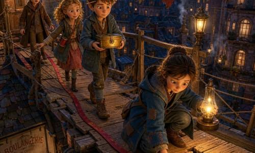 Four children: Mara, 10, wearing a patched blue coat and holding an oil lamp with a warm yellow glow, kneels on a repaired plank applying a paper strip to a crack; Theo, 10, short-haired with a notebook and pencil behind his ear, walks mid-bridge holding a small brass box with both hands, focused; Lila, 9, with sun-colored curly hair and a spool of red thread at her belt, follows just behind Theo ready to receive the box with one hand on the railing; Ivo, 11, in a brown coat with missing buttons, stands at the start of the bridge slightly back, surprised and relieved, eyes fixed on the box. They cross a roof-bridge of worn wooden planks and uneven rooftops at night, lit by brass street lamps and a warm lamp light, ropes and fabric garlands along the sides, faint bakery smoke below and peeling painted facades, a deep starry sky and dense city in the background; freshly nailed boards and a red ribbon guide their passage over the repaired fissure—an urban fantasy scene of concentration, cooperation, visible textures, and a soft, reassuring atmosphere.