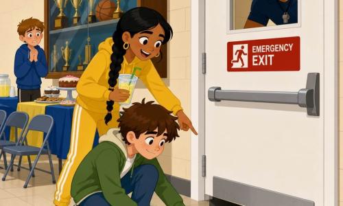 A 12-year-old boy, Milo, round face with freckles, messy brown hair, green jacket and jeans, crouches by a white emergency door holding two wooden skewers tied with a red ribbon as a small silver watch glints under the door; an 11-year-old girl, Zara, with a black braid and yellow outfit stands beside him holding a lemonade cup and pointing down; Coach Rivas, about 40, tall, muscular and tan with a whistle, leans in smiling to look through the door's small window; an 11-year-old boy, Noah, thin and nervous with light brown hair, stands slightly back by an activity table with clasped hands and a guilty look; the scene is a bright school gym hallway with beige walls, light tile floor, a red 