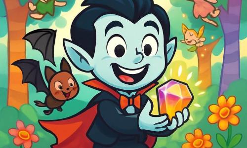 A cheerful vampire named Vinnie, with shiny black hair and a red cape fluttering behind him, stands at the center of the image, a big smile on his face sparkling with excitement. His eyes shine with enthusiasm as he holds the precious Jelly Jewel, a sparkling gem in bright colors that emits glimmers of light. Next to him, Flap, a small bat vampire with delicate wings and mischievous eyes, joyfully flies around him, adding a dynamic touch to the scene. In the background, Wobbly Woods is filled with trees with colorful trunks, their leaves resembling floating candy, and laughing flowers that seem to dance with the wind. The ground is covered in soft, fluffy moss, dotted with small marshmallow stones. The main scene shows Vinnie, with a triumphant expression, celebrating his victory after retrieving the Jelly Jewel from the hands of mischievous pixies, who fly around him, their sparkling wings and laughter resonating in the air.