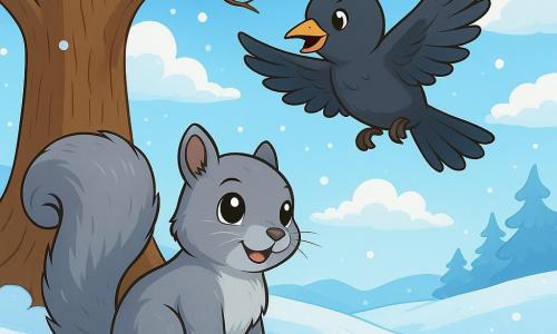 Un piccolo scoiattolo grigio, Timoteo, con un pelo morbido e occhi brillanti, si trova sotto una grande quercia maestosa, con un'espressione curiosa e gioiosa. Guarda intorno a sé, con le sue piccole zampe appoggiate sulla neve scintillante. Accanto a lui, un merlo dal ventre chiaro, Fio, con piume lucenti e un'aria vivace, vola in cerchi sopra Timoteo, le ali che battono con entusiasmo. Il luogo è un magnifico paesaggio invernale, dove la neve ricopre il terreno come un spesso tappeto bianco, e i rami nudi della quercia si stagliano contro un cielo azzurro chiaro, punteggiato di nuvole soffici. La scena emana un'atmosfera di magia invernale, piena di luce e dolcezza. Timoteo e Fio si preparano a partire per un'avventura, cercando tesori nascosti sotto la neve, i loro volti illuminati dall'eccitazione e dalla gioia di scoprire il mondo che li circonda.
