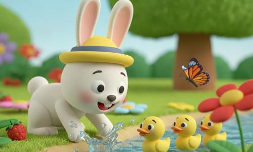 Conejo blanco de orejas largas con sombrero amarillo ladeado mojando sus patas en un arroyo; tres patitos amarillos nadan en fila a su derecha salpicando; mariposa naranja y azul posada en una flor roja sobre el arroyo; jardín veraniego luminoso con arroyo poco profundo, orillas herbosas, fresas rojas, flores grandes y un árbol que da sombra; tarde de verano tranquila en la que juegan, salpican y recogen fresas, ambiente cálido y colores vivos.