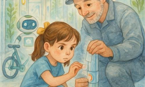 Menina de 6 anos de cabelos castanhos presos por laço amarelo, rosto redondo e olhos concentrados, agachada com a mão estendida a um anel-sensor num tubo transparente, veste vestido azul-claro e uma bicicleta azul atrás; ao lado, o Senhor Rui, ~45 anos, barba grisalha, macacão cinza e boné, com olhar benevolente, segura um vaporizador morno enquanto ajuda segurando a etiqueta luminosa; ao fundo à esquerda, um robô varredor branco e verde com olhos azuis observa; local: corredor técnico claro com paredes de vidro, tubos de água com peixinhos-robôs e plantas, luzes LED em anéis e chão cinza; cena calma e precisa de remoção delicada de uma etiqueta-luz de um sensor com vapor dissolvendo a cola, gotas brilhantes, atmosfera calorosa e futurista, paleta aquarelada suave.