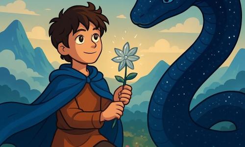Um jovem chamado Arunas, com cerca de 15 anos, está no topo de uma montanha majestosa, seu rosto iluminado por uma luz de esperança e determinação. Ele tem cabelos castanhos desgrenhados, olhos brilhantes como estrelas e usa uma capa de lã azul que flutua ao vento. Em suas mãos, ele segura delicadamente uma flor com pétalas prateadas, radiante de magia. Ao seu lado, uma serpente gigante com escamas cintilantes, como um céu estrelado, se ergue com uma expressão benevolente, pronta para ajudá-lo. Seus olhos são de um azul profundo, refletindo a sabedoria dos tempos. O cenário é um paisagem encantadora, com picos montanhosos envoltos em névoa, nuvens fofas flutuando ao redor e um jardim luxuriante abaixo, repleto de flores coloridas e luzes brilhantes. A situação principal mostra Arunas no momento em que finalmente encontrou a Flor Única, símbolo de esperança para seu povo, enquanto a serpente o encoraja com uma postura protetora, criando uma atmosfera de magia e descoberta.