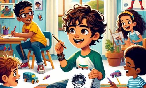 Um garoto de 10 anos, Lucas, com cabelo castanho bagunçado e olhos brilhantes de curiosidade, está sentado em um tapete colorido em seu quarto. Ele sorri alegremente segurando um lápis em uma mão e um caderno de desenhos na outra, onde desenhou um super-herói. Ao seu lado, sua melhor amiga Ana, uma menina de 9 anos com cabelos longos e cacheados, usa uma camiseta listrada e olha para Lucas com um grande sorriso, segurando um livro cheio de histórias. Um pouco mais longe, Pedro, um garoto de 10 anos com óculos e uma camiseta azul, está sentado em uma cadeira, rindo enquanto segura uma caixa de jogos de tabuleiro. O quarto é iluminado e acolhedor, decorado com pôsteres de super-heróis e desenhos pendurados na parede. Brinquedos estão espalhados pelo chão, e uma janela aberta deixa entrar a luz do sol, iluminando o ambiente com uma suave calor. A cena principal mostra Lucas e seus amigos compartilhando risadas e histórias, celebrando a amizade e a alegria de passar tempo juntos, apesar dos desafios que Lucas enfrenta.