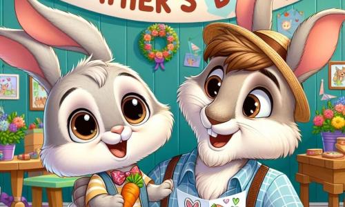 A little rabbit named Benny, with soft, silky light gray fur, large expressive ears, and sparkling joyful eyes, stands on his hind legs holding a letter decorated with drawings of carrots and hearts. He has a wide smile, radiating excitement and love. Next to him, his dad, a big brown rabbit with thick fur and warm eyes, is crouched down, looking emotional and proud as he reads the letter Benny wrote. He wears a plaid shirt and a straw hat, adding charm to his appearance. The scene takes place in a bright classroom adorned with colorful garlands and a large 