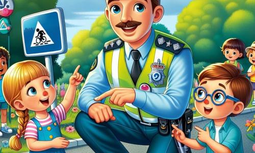 Een glimlachende politieagent, een man van rond de dertig met bruin haar en een snor, draagt een felblauw uniform en een grote glanzende badge op zijn borst. Hij zit op de grond, omringd door kinderen, en toont enthousiast een verkeersbord, zijn ogen stralend van vreugde. Mia, een 8-jarig meisje met blonde vlechten, steekt haar hand op met een grote glimlach en wijst naar een verkeersbord dat ze net heeft gevonden. Tom, een 7-jarig jongetje met een bril en kastanjebruin haar, houdt een fietshelm vast en kijkt bewonderend naar de politieagent, die naast Mia staat. De scène speelt zich af in een zonnig park, met weelderige groene bomen, kleurrijke bloemen en een stralende blauwe lucht. Op de achtergrond is een kleine groep ouders te zien die de scène gadeslaat, glimlachend en trots op hun kinderen. De hoofdsetting toont de politieagent die de kinderen het belang van verkeersveiligheid leert, terwijl ze samen deelnemen aan een vrolijke speurtocht naar veiligheidsobjecten.