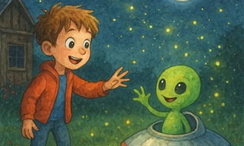 Een enthousiaste 8-jarige jongen met lichtbruin warrig haar, grote glanzende ogen, rode jas en spijkerbroek reikt naar een klein lichtgevend schip op het gras naast een houten hut; een rond, lief groen buitenaards wezentje met licht glinsterende huid, drie dunne vingers en brede nieuwsgierige glimlach stapt uit het schip bij de opening en kijkt vriendschappelijk naar de jongen, terwijl tientallen gele en groene glimwormen als zachte lichtpuntjes een pad naar de sterren vormen in een nachtelijke tuin met vochtige gazon, wilde bloemen, een oude houten hut links, een heldere volle maan en wat gekleurde slingers op het gras.