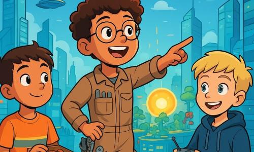 Er zijn 3 personages: - Jaro: een 10-jarig jongen met krullend haar en ronde bril. Hij draagt een uitvindersoverall met zakken vol gereedschap en staat in het midden, enthousiast naar de horizon kijkend. - Malik: een 10-jarig jongen met kort haar en een ondeugende glimlach. Hij draagt een kleurrijk t-shirt en een korte broek, en staat links van Jaro, met een doos snacks in zijn hand en nieuwsgierig kijkend. - Finn: een 10-jarig jongen met blond haar en sprankelende ogen. Hij draagt een hoodie en cargo-broek, en staat rechts van Jaro, met een kleine afstandsbediening voor zijn drone in zijn hand. De locatie is op het dak van een futuristisch gebouw, omringd door grote glinsterende torens en zwevende voertuigen. De lucht is helder blauw, met donzige wolken. In de verte is de grote Energiebol te zien, een stralende bol in het midden van de stad, omringd door hangende tuinen en kleurrijke robots die bezig zijn. De belangrijkste situatie toont de drie vrienden, opgewonden en vastberaden, die zich voorbereiden om op avontuur te gaan naar het hart van de stad. Jaro wijst in de richting van de Energiebol, terwijl Malik op een koekje knabbelt en Finn zijn drone afstelt, klaar om op te stijgen.