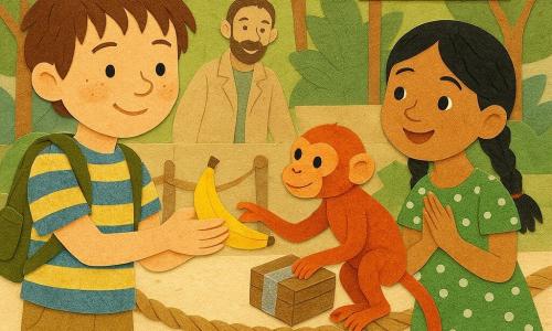 A 6-year-old boy with a round freckled face, messy brown hair, focused eyes and a gentle smile holds a banana with both hands toward a small monkey; he wears a blue-and-yellow striped T-shirt, khaki shorts and has a small magnifying glass on his backpack. Next to him stands Zara, about 6, with black hair in two braids, bright eyes and a mischievous expression, clapping softly in a green polka-dot dress. The monkey, Mango, small and lively with reddish fur and slender hands, takes the banana while offering a small wooden box wrapped with a strip of silver ribbon, perched on a low play rope at center stage. In the background Mr. Ben, a bearded man in his thirties wearing a beige jacket, smiles and tilts his head near a zoo sign. The colorful zoo setting features light sandy ground, braided rope play lines, wooden perches, cut-paper green plants, a small wooden chest on the sand, painted signs and blurred children in the distance; the scene conveys a warm, playful exchange labeled “stamp,” with soft light, crisp shadows and layered paper-like textures.
