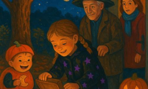 Ein fröhliches, konzentriertes 8-jähriges Mädchen mit hellbraunen Zöpfen und kleinem schwarzem Mantel mit violetten Sternen öffnet unter einem Baum behutsam eine kleine Holzkiste, ihr Gesicht wird von einem warmen Leuchten erhellt, daneben steht leicht zurückversetzt rechts ein etwa 70-jähriger, faltiges aber gütiges Gesicht, zu großer Zaubererhut und Wolljacke, die Hand am Türgriff, er schaut sie sanft an; unten links lacht ihr rundliches etwa 4-jähriges Brüderchen als Kürbis verkleidet und hält ein mondförmiges Keks, die Mutter steht am Hauseingang mit Mantel und Schal beschützend daneben, Laternenlicht spiegelt sich in ihrem Gesicht; Ort: ruhiger Hausgarten bei Nacht mit orange-braunem Laub, laternenamblem Licht, Holzkiste auf Moosteppich und verstreute geschnitzte Kürbisse; Hauptsituation: intime, herbstliche Szene, in der das Mädchen den Inhalt einer „Toleranzbox“ entdeckt, sanftes goldenes Licht beleuchtet Gesichter und Süßigkeiten, warme Farben kontrastieren mit dem tiefblauen, sternenübersäten Himmel.