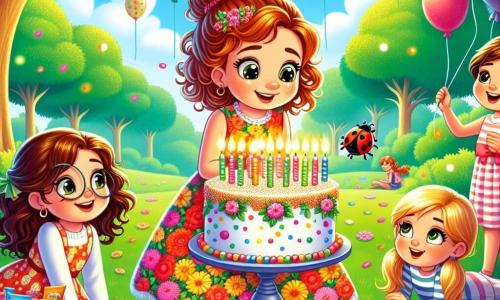Clara, una niña de 6 años con cabello rizado y ojos brillantes de alegría, lleva un vestido de flores coloridas y sonríe con asombro al mirar un gran pastel de cumpleaños decorado con velas brillantes. A su lado, su mamá, una mujer cálida de unos 30 años con cabello castaño recogido en un moño, sostiene una bandeja de dulces y sonríe con orgullo. Lucas, un niño de 6 años con cabello rubio y gafas redondas, exclama mientras sostiene una mariquita en su mano, de pie cerca de un árbol. El parque está lleno de grandes árboles verdes, globos de colores flotando en el cielo azul y un gran mantel a cuadros sobre la hierba. La escena principal muestra a Clara rodeada de sus amigos, todos listos para soplar las velas de su pastel de cumpleaños, con risas y rostros iluminados por la alegría.
