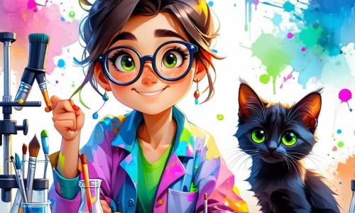 Valeria, una mujer de cabello despeinado y gafas redondas, está inmersa en sus pensamientos, con una sonrisa de emoción iluminando su rostro. Lleva una bata de laboratorio colorida, llena de manchas de pintura y pegamento, y está rodeada de diversas herramientas y gadgets en su laboratorio. A su lado, Sombra, su gato negro de ojos verdes brillantes, está sentado en la mesa, observando atentamente un esquema de la invención, mientras que Chispa, su perro travieso, un golden retriever de pelaje dorado, corre a su alrededor, moviendo la cola con entusiasmo. El laboratorio es un lugar mágico, lleno de libros antiguos, frascos de colores vivos y máquinas extrañas que parpadean y zumban, con ventanas que dejan entrar la luz del sol, iluminando el espacio de manera cálida. En esta escena, Valeria está perfeccionando su "Traductor de Pensamientos Animalísticos", un casco raro lleno de cables y sensores, mientras Sombra y Chispa parecen ansiosos por descubrir lo que la invención revelará.