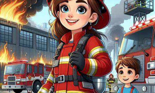 Una mujer bombera, Clara, se encuentra orgullosamente en primer plano, con una cálida sonrisa en su rostro, su cabello castaño recogido en una coleta. Lleva un traje de bombero rojo brillante, con un casco reluciente y guantes, mientras sostiene una gran manguera de incendios lista para usar. A su lado, un niño de 8 años, Diego, con los ojos muy abiertos y cabello castaño, la mira con admiración, fascinado por el mundo de los bomberos. Lleva una camiseta azul y un short, manteniéndose un poco atrás, pero con un aire curioso y entusiasta. Al fondo, una gran fábrica en llamas emite volutas de humo negro, mientras camiones de bomberos rojos brillantes están estacionados al lado, con otros bomberos trabajando alrededor. La escena transmite una atmósfera de urgencia pero también de camaradería, ilustrando el trabajo en equipo y el coraje ante el peligro.