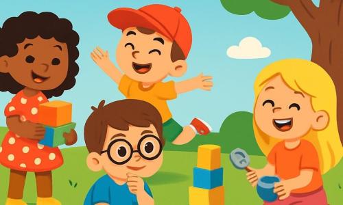 There are 4 children: Emma, a 7-year-old girl with curly hair in a polka dot red dress, standing and smiling while holding building blocks; Ben, an 8-year-old boy with big glasses in a blue t-shirt, sitting on the floor thinking about how to build a tower; Lily, a 6-year-old girl with long blonde hair in a pink skirt, next to Ben, laughing and holding small kitchen toys; and Max, a 7-year-old boy in a red cap and green shorts, spinning around energetically next to Emma. The scene takes place in a sunny park with a large leafy tree providing shade, surrounded by colorful flowers and a blue sky with white clouds. The ground is covered in soft green grass. The main situation shows the children playing together, building a tall tower with blocks while laughing and encouraging each other, illustrating gender equality and friendship.