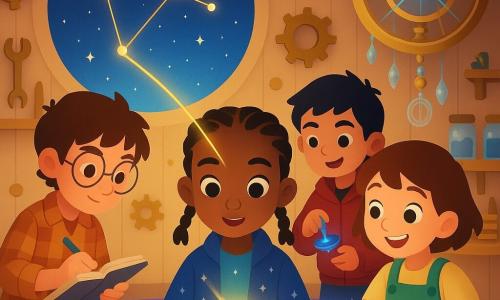 Cuatro niños colaboran en un taller secreto flotante en el cielo: Nia, 7 años, piel color caramelo y trenzas, con una chaqueta azul estrellada sostiene al frente una pequeña caja luminosa (Lector de Fotones) conectada al trompo magnético y a un cable dorado; Tomás, 8 años, pelo castaño alborotado y gafas redondas, a la izquierda ajusta una lamparita y toma notas; Zoe, 7 años, pelo corto castaño y sonrisa viva, con peto verde y manos manchadas de tinta, murmura palabras que aparecen como letras brillantes en un libro que se escribe solo; Bruno, 8 años, pelo negro y mirada traviesa, justo detrás hace girar su trompo que emite un halo vibrante; el taller tiene suelo de placas luminosas azul y púrpura, paredes de madera con engranajes y frascos de polvo estelar, y al fondo un astrolabio broncíneo con cristales proyecta cartas celestes holográficas; un rayo dorado sale del aparato hacia una constelación vista por la ventana circular, con estrellas parpadeantes, colores nítidos y expresiones de asombro y amistad.