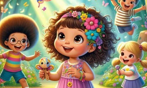 Una niña de 4 años, llamada Sofía, está en el centro de la imagen, con grandes ojos brillantes de curiosidad y una sonrisa radiante. Tiene el cabello rizado y castaño, vestida con un vestido colorido adornado con flores, y extiende la mano hacia una mariposa de alas brillantes que vuela justo frente a ella. A su lado, hay tres amigos: un niño de 5 años con cabello rubio y gafas redondas, riendo mientras sostiene un juguete de madera; una niña de 4 años con trenzas negras y un vestido rosa, sonriendo mientras comparte dulces; y otro niño de 6 años con cabello castaño y una camiseta a rayas, aplaudiendo con alegría. Todos están reunidos alrededor de Sofía, en un ambiente de felicidad y camaradería. La escena se desarrolla en un jardín mágico, lleno de flores coloridas y árboles anchos, con una luz suave que filtra a través de las hojas. La situación principal muestra a Sofía y sus amigos jugando juntos, compartiendo risas y juguetes, mientras la mariposa los observa, simbolizando el amor y la amistad.