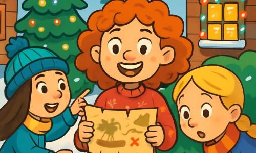 Ci sono 3 personaggi: Matilde, una ragazza di 8 anni con capelli rossi e ricci, indossa un maglione rosso con fiocchi di neve ed è al centro con un grande sorriso, mentre tiene una mappa del tesoro. Carla, una ragazza di 9 anni con capelli castani e lisci, indossa un berretto di lana blu ed è a sinistra di Matilde, indicando un albero decorato con luci scintillanti. Olivia, una ragazza di 8 anni con capelli biondi e trecce, indossa una sciarpa multicolore ed è a destra di Matilde, guardando con meraviglia una piccola porta magica nascosta dietro un cespuglio. La scena è ambientata in un villaggio innevato con case di legno dai tetti coperti di neve, luci colorate che brillano su ogni finestra e un grande albero di Natale decorato al centro della piazza, mentre fiocchi di neve cadono dolcemente, creando un’atmosfera incantevole. Le tre amiche scoprono una piccola porta magica, circondate da decorazioni natalizie brillanti, con espressioni di meraviglia e eccitazione sui volti.