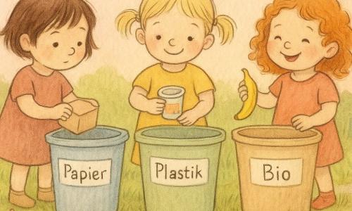 Drei fast zweijährige Mädchen: Mila mit kurzen braunen Haaren lässt eine kleine beige Pappschachtel langsam in die links stehende Tonne Papier fallen; Leni mit blonden Zöpfen schiebt einen weißen Joghurtbecher mit bunter Aufkleber in die mittlere Tonne Plastik; Nora mit roten Locken steckt eine gelbe Bananenschale in die rechte Tonne Bio. Abendlicher Garten mit weichem grünem Rasen, kleinem grauem Plattenweg, Blumenbeet mit feuchter dunkler Erde und einer kleinen blauen Gießkanne am Rand; drei große pastellfarbene Metalltonnen mit handschriftlichen Etiketten Papier, Plastik, Bio am Wegesrand, warmes Dämmerlicht und blassrosa Himmel. Die Mädchen trennen ruhig und konzentriert ihren Abfall, langsame ernste Gesten, kleine Geräusche (leises Fallen der Schachtel, leises Plopp des Bechers, Rascheln der Bananenschale), sanfte, sorgsame und saubere Atmosphäre.