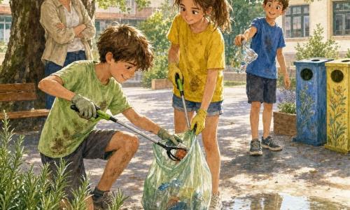 Tomás, menino de 12 anos, cabelos castanhos despenteados, camiseta verde clara com manchas de terra, ajoelhado colhendo um plástico com uma pinça; Leonor, menina de 12 anos, olhos vivos, rabo de cavalo castanho, roupa amarela, de pé ao lado, segura pinça e saco, olhar protetor; Miguel, menino de 12 anos, expressão travessa depois arrependida, camiseta azul e calção, oferecendo um saquinho amassado para jogar no saco de Tomás; a professora Cláudia, adulta, cabelos grisalhos presos, casaco claro, sorrindo e observando à sombra de um grande carvalho; pátio escolar pavimentado com árvore de tronco rugoso, canteiro de alecrim, duas lixeiras 