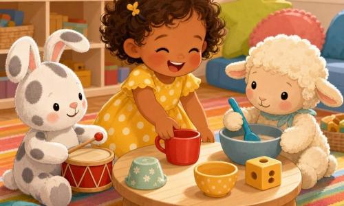 A happy, mischievous 2-year-old girl with short curly hair, a yellow polka-dot dress, rosy cheeks and laughing eyes smiles broadly as she offers a red cup toward a small round light-wood table; to her left sits Ben the plush rabbit (white with gray spots) tapping a small red drum, and to her right Lola the plush lamb (soft cream wool) stirs a large bowl with a blue spoon as if making tea; the bright playroom has a striped colorful rug, low toy-filled shelves, soft cushions and warm light; imaginary three-person tea party with the red cup centered and improvised 