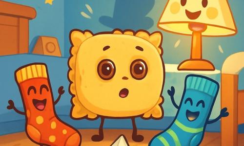 A smiling cushion with shiny button eyes and a fluffy face stands in the center of the scene, looking curious and a bit surprised. It is surrounded by dancing socks, one red and one blue, joyfully jumping with bright smiles and colorful patterns adding life to the image. Next to it, a lamp with a cloud-shaped lampshade emits a soft, warm light, displaying a playful expression while preparing a shadow show. Under the bed, a small dust bunny wearing a paper hat and sparkling eyes watches excitedly, ready for an adventure. The scene takes place in a cozy children's room with pastel blue walls, toys scattered on the floor, and shining stars stuck to the ceiling. Together, the cushion, socks, lamp, and dust bunny gather for a nighttime party full of laughter and dance, creating a magical and joyful atmosphere.