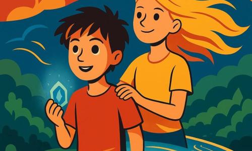 Un băiat de 10 ani, pe nume Luca, cu părul brun ciufulit și ochii sclipitori de curiozitate, ține în mână o piatră albastră luminoasă, cu fața luminată de o combinație de uimire și determinare. Alături de el, o fată de 10 ani, Mara, cu părul blond ca spicele de grâu și un zâmbet încrezător, privește spre orizont, cu o mână pe umărul lui Luca. Ei stau pe un pod magic făcut din lumină și promisiuni, care se întinde deasupra unei păduri verzi și misterioase, scăldată de lumina blândă a amurgului. Scena principală îi arată pe Luca și Mara în centrul podului, înconjurați de un cer presărat cu nori de forme fantastice, în timp ce vântul pare să danseze în jurul lor, ridicându-le ușor părul și hainele.