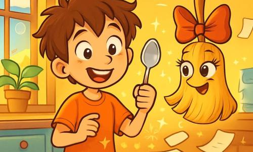 Um garoto de 10 anos, Tomás, com cabelos bagunçados e olhos brilhantes de curiosidade, está no centro da cena, segurando uma colher brilhante como se tivesse descoberto um tesouro. Seu rosto está iluminado por um grande sorriso, misturando surpresa e diversão. Ao lado dele, uma vassoura animada, chamada Vassourilda, com um bonito laço vermelho e cílios de cerâmica, flutua levemente acima do chão, exibindo uma expressão travessa, pronta para fazer brincadeiras. O cenário é uma cozinha acolhedora, cheia de cores vivas: paredes amarelas, prateleiras de madeira carregadas de potes de geleia e uma janela que deixa entrar a luz do sol, iluminando bolhas de sabão flutuantes no ar. Na mesa, um livro antigo aberto, com páginas amareladas, revela ilustrações de feitiços mágicos. A cena principal mostra Tomás e Vassourilda preparando um feitiço de magia doméstica, cercados por pequenas faíscas luminosas e folhas de papel que voam ao redor deles, enquanto uma planta verde, curiosa, se estica em direção ao sol pela janela.