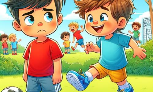 Un joven llamado Pablo, de unos 12 años, está en el centro de la imagen. Lleva una camiseta roja brillante y zapatos de fútbol llamativos. Su rostro expresa una ligera tristeza, con las cejas fruncidas y un suspiro, mientras sostiene un balón de fútbol bajo el brazo. A su lado está Miguel, un niño de 6 años, con el cabello marrón desordenado y una gran sonrisa. Lleva una camiseta azul y pantalones cortos amarillos, y está saltando de alegría, con los brazos levantados, listo para jugar. El escenario es un parque verde, con árboles frondosos y un cielo azul brillante. A lo lejos, se puede ver un campo de fútbol con niños jugando, lo que añade una atmósfera alegre a la escena. La situación principal muestra a Pablo, inicialmente triste por haber perdido un partido, que comienza a sonreír al ver el entusiasmo de Miguel por jugar al fútbol juntos.