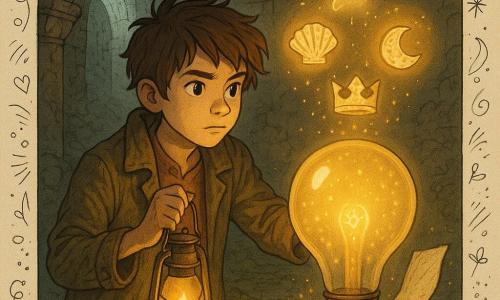 Um garoto, Dário, cerca de 12 anos, olhar determinado e curioso, cabelo castanho despenteado, casaco gasto, segurando uma lamparina a óleo que projeta luz quente, inclina-se sobre um grande bulbo em base de bronze ao tocá‑lo; o bulbo contém cinzas luminosas que sobem como vagalumes dourados, emite um halo e projeta três símbolos brilhantes no ar: uma concha de água, uma coroa de ferro e uma lua gravada em pedra; uma página de couro aberta do caderno do garoto flutua acima do chão, pronta para receber palavras, com algumas letras antigas cintilando na base; o lugar é uma câmara enterrada sob um antigo aqueduto — paredes de pedra molhadas, arco desabado que deixa entrar uma luz de mercado, teto em mosaico com reis e soldados estilizados, chão coberto de musgo e poeira dourada; a cena mostra o garoto descobrindo o bulbo mágico no centro da sala, a luz quente da lamparina contrastando com os reflexos frios do bronze e das cinzas, atmosfera misteriosa e de maravilha.