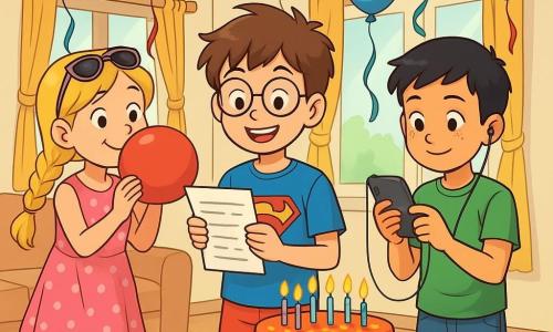 Há 3 personagens: - João: um garoto de 10 anos, com cabelos castanhos bagunçados e óculos redondos. Ele usa uma camiseta azul com um desenho de super-herói e um short vermelho. Ele está no centro, sorrindo, segurando uma lista de preparativos para seu aniversário. - Ana: uma menina de 10 anos, com longos cabelos loiros trançados e óculos de sol na cabeça. Ela usa um vestido rosa com bolinhas e sandálias amarelas. Ela está à esquerda de João, inflando um balão vermelho com um grande sorriso. - Miguel: um garoto de 10 anos, com cabelos negros curtos e sardas no rosto. Ele usa uma camiseta verde e um short jeans. Ele está à direita de João, segurando um telefone com fones de ouvido, pronto para escolher músicas para a festa. O local é uma sala de estar iluminada, decorada com balões coloridos flutuando no teto, serpentinas penduradas nas paredes e uma grande mesa ao centro, adornada com um lindo bolo de aniversário com velas brilhantes. Raios de sol filtram pelas janelas, iluminando o ambiente com uma luz alegre. A situação principal mostra João, Ana e Miguel se preparando para a festa de aniversário de João, cercados por decorações festivas, com risadas e uma atmosfera alegre. Ana está inflando balões, enquanto Miguel escolhe músicas, e João, entusiasmado, verifica a lista de preparativos.