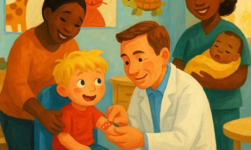 A smiling, kind male doctor in his forties with short brown hair and a clean white coat kneels to place a small red bandage with white polka dots on the arm of a roughly five-year-old blond, tousled-haired boy who sits on a blue chair to the doctor's left, extending his arm and laughing shyly; the boy's relieved mother in her thirties with tied-back black hair stands behind holding his hand, and a sleepy nine-month-old boy wrapped in a yellow blanket is cradled by a smiling nurse to the doctor's right; the scene is a small welcoming clinic with pale blue walls, colorful animal posters, a wooden shelf with toys, a round exam table and soft window light, conveying warmth and calm with visible acrylic paint texture and gentle brushstrokes.