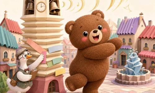 Um grande urso de pelúcia marrom sorrindo, olhos redondos brilhantes, bochechas rosadas e pelo macio, girando levemente no centro da praça com postura alegre; à esquerda, um ganso vestido com óculos redondos e uma pequena prancheta, preocupado mas encorajador, colando uma tira de papel colorida numa grande torre‑sino estilo sanfona creme e bordô que se abre e solta ondas sonoras douradas “DONG”; praça compacta e “dobrada” com casas pastel de telhados dobrados, vielas vincadas, fonte em fita e paralelepípedos texturizados; atmosfera louca e absurda, cores vivas porém suaves, traços simples e arredondados, composição centrada e luz suave da manhã.