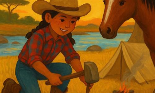 Clara Belle, a smiling determined cowgirl with a sun-freckled face, beige leather hat, red-and-blue plaid shirt and dusty boots, kneels using a flat rock as a hammer to stake a beige tent; Dusty, her large gentle brown spotted horse, stands protectively behind her while four curious fawn-colored prairie dogs emerge from burrows nearby; setting: golden riverside at sunset with waving blond grass, smooth rocks, a smoking campfire and acacia silhouettes, warm cooperative atmosphere with evening light and fine dust in the air.