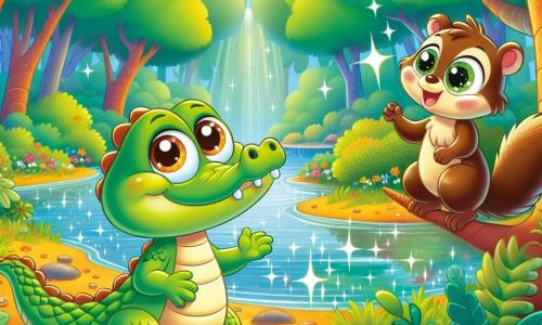 Un crocodil pe nume Coco, mic și cu un zâmbet cald, stă pe marginea unui pârâu strălucitor, solzii săi verzi strălucesc sub soare. Ochii săi mari și rotunzi exprimă entuziasm și determinare în timp ce privește spre orizont, pregătit pentru aventură. Lângă el, o veveriță jucăușă pe nume Zizi, cu blana brună și ochi sclipitori, se cațără pe o ramură de copac, încurajându-l cu entuziasm. În fundal, o pădure densă și colorată se întinde, cu copaci cu frunze strălucitoare de verde și flori de culori vii. Coco, crocodilul curios, este pregătit să caute un tezaur magic, în timp ce Zizi îl încurajează să-și depășească temerile și să exploreze lumea din jur.