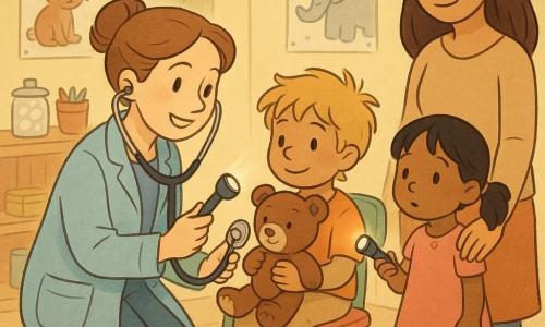 A kind, smiling female doctor (30–35) with light brown hair in a bun and a light blue coat kneels, holding a shiny metal stethoscope and gently examining a 5-year-old boy’s brown comfort toy with a small lighted instrument; the boy Ben, blond and tousled, sits to the doctor’s left on a colorful chair, shyly smiling and holding his toy. A 4-year-old girl, Emily, with black pigtails stands slightly behind Ben to the doctor’s right, holding her mother’s hand and looking at the light; the mother stands at the back with long brown hair, a simple outfit and a calming gaze, hand on Emily’s shoulder. The sunny consultation room has pale yellow pastel walls, children’s drawings and animal posters, a wooden shelf with cotton jars and a pencil pot, and a round star-patterned rug; the scene is warm, soft-colored, rounded, simple cartoon style with clear expressions and a large yellow star sticker being given to Ben.