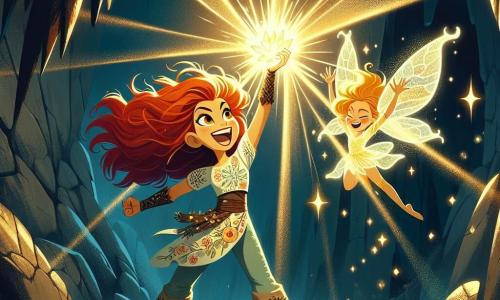 Elara, a brave young woman with fiery red hair, stands proudly at the center of the scene, her face illuminated by a mix of excitement and determination. She wears light armor adorned with floral patterns and wields the sparkling Crystal of Light, emitting golden glimmers around her. Beside her, Lira, a small fairy with translucent, shimmering wings, joyfully flies in the air. With a mischievous face and golden hair, she sprinkles fairy dust to celebrate their victory. The setting is a dark, mysterious cave with rough stone walls lit by the crystal's bright glow. Shadows dance around them as sparkling stalactites hang from the ceiling, creating a magical atmosphere. The main scene shows Elara triumphantly raising the Crystal of Light above her head while Lira flutters around her, celebrating their victory over the sorcerer Malakar, who is fading away in a swirl of light.