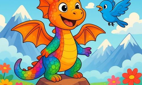 Un piccolo drago di nome Fiammettino, con squame brillanti di mille colori, si trova gioiosamente in cima a una montagna. I suoi occhi brillano di eccitazione e un ampio sorriso illumina il suo viso. Dispiegando le sue ali cangianti, è pronto a volare mentre ascolta attentamente il dolce mormorio delle montagne. Accanto a lui, un piccolo uccello blu vivace, con piume scintillanti, vola intorno a lui cantando allegramente. L'uccello sembra curioso e felice, le sue ali battono rapidamente mentre si avvicina a Fiammettino per condividere questa bella avventura. Il paesaggio è costituito da maestose montagne con cime innevate, avvolte in nuvole soffici e bianche. Ai piedi delle montagne, si estende una vasta pianura di fiori giganti dai colori vivaci, creando un contrasto incantevole con il paesaggio roccioso. La scena principale mostra Fiammettino e l'uccello intenti ad ascoltare attentamente il canto misterioso delle montagne, i loro volti illuminati dalla magia del momento, pronti a scoprire il segreto che restituirà la voce perduta del drago.