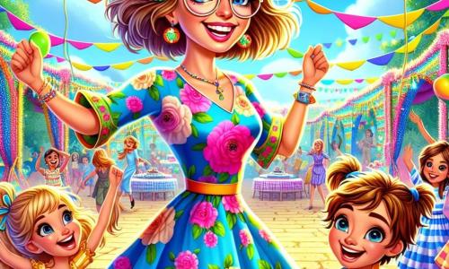 Maestra Clara, una donna di circa trent'anni, sorridente e piena di vita, indossa un vestito colorato a fiori e occhiali tondi. Ballando gioiosamente in mezzo a un gruppo di bambini, i suoi occhi brillano di felicità. Nico, un ragazzo di 8 anni con i capelli castani disordinati, è accanto a lei, ridendo e sollevando le braccia in segno di orgoglio per un fiocco che ha fatto per decorare la festa. Sofia, una bambina di 7 anni con due trecce bionde, tiene un vassoio di dolci colorati e sorride guardando Maestra Clara. La scena si svolge in un bel cortile, decorato con festoni multicolore e palloncini, sotto un cielo blu splendente. Tavoli sono disposti con cibi appetitosi e giochi sono installati attorno. La situazione principale mostra Maestra Clara e i bambini che celebrano insieme la fine dell'anno scolastico, in un'atmosfera festosa e gioiosa, piena di risate e musica.