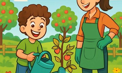Een 10-jarig jongetje, Joris, met kastanjebruin, krullend haar en een grote blije glimlach, staat in het midden van een groene en zonnige boerderij. Hij draagt een felgroen t-shirt en een spijkerbroek, terwijl hij een gieter gevuld met een mengsel van knoflook en water vasthoudt, klaar om de bomen te redden. Naast hem staat zijn moeder, een vrouw van ongeveer 35 jaar met lang bruin haar in een paardenstaart, die trots glimlacht terwijl ze naar haar zoon kijkt. Ze draagt een tuinjas en werkhandschoenen, terwijl ze bij een jonge appelboom met gele bladeren staat. De locatie is een mooie en kleurrijke boomgaard, met rijen fruitbomen, heldere bloemen en een heldere blauwe lucht met pluizige witte wolken. Joris, vol energie en vastberadenheid, is bezig met het water geven van de wortels van de appelbomen om ze weer gezond te maken, terwijl zijn moeder hem aanmoedigt met lieve woorden, wat een sfeer van samenwerking en liefde voor de natuur creëert.