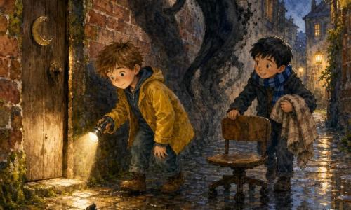 Hay tres personajes: Teo, niño de 7 años con pelo castaño despeinado y chaqueta amarilla algo grande, sostiene una pequeña linterna metálica que proyecta un círculo de luz cálida y está a la izquierda mirando la muralla; Bruno, niño de 7 años con pelo negro corto y bufanda azul a rayas, empuja una pequeña silla con ruedas como si fuera un barco, está a la derecha con una mano en la silla y la otra agarrando su manta; y La Sombra, criatura no humana de silueta larga y fluida bordeada de tinta negra y humo gris, con una “cabeza” sin rostro inclinada hacia los niños que se desliza por el muro detrás de ellos y es más grande que ellos. El lugar es un callejón empedrado y estrecho de noche, adoquines brillantes por la lluvia, faroles amarillos que difunden halos, muros de ladrillo rojo cubiertos de musgo, una vieja puerta de madera con un medallón en forma de luna y charcos reflectantes. Situación: los dos niños encuentran en el suelo una pluma negra brillante, un pequeño fragmento de espejo agrietado y la aldaba lunar de una puerta entreabierta; la linterna de Teo tiembla y proyecta la larga sombra que parece observarlos y moverse lentamente por el muro.