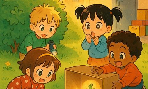Quattro bambini di 3 anni: Lea, bionda? no—bruna con piccolo cerchietto giallo, vestito rosso a pois bianchi, accovacciata in primo piano a sinistra pronta a prendere la palla; Tom, biondo spettinato, maglietta verde e pantaloncini beige, mezzo nascosto dietro un cespuglio con una torcia in mano e sguardo curioso; Nina, capelli neri a due codine, maglione azzurro, sulla destra in punta di piedi con le mani alle labbra sorpresa; Gio, pelle abbronzata, capelli castani ricci, felpa arancione, dietro una scatola di cartone pronto a raggiungere la palla; luogo: angolo di cortile scolastico al tardo pomeriggio con erba verde e fiori gialli, grande cespuglio a foglie tonde e una porta grigia di deposito socchiusa con alcune scatole colorate vicino, luce dorata del tramonto; situazione: una piccola palla rossa rotola verso un cerchio di luce creato da una lampada in una scatola di cartone forata che proietta un disco luminoso sull’erba, una lucertolina curiosa salta vicino alla palla, espressioni gioiose e meraviglia, atmosfera dolce e giocosa, colori vivaci e tratti in stile manga caldo.