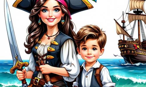 Die Szene zeigt Lila, eine etwa 25-jährige Piratin mit langen, gewellten Haaren, die einen mit einer bunten Feder geschmückten Piratenhut trägt. Sie hat ein entschlossenes Lächeln im Gesicht, hält in einer Hand eine Schatzkarte und in der anderen ein glänzendes Schwert, bereit für das Abenteuer. An ihrer Seite steht Tim, ein 10-jähriger Junge mit zerzausten blonden Haaren und einem gestreiften T-Shirt, der Lila bewundernd ansieht und eine Kompass in den Händen hält. Mia, ein 12-jähriges Mädchen mit braunen, geflochtenen Haaren, steht etwas im Hintergrund und beobachtet mit einem Fernglas den Horizont, mit einem konzentrierten Ausdruck. Der Hintergrund zeigt eine üppige tropische Insel mit sanft im Wind wiegenden Palmen, steilen Felsen und einem schimmernden türkisfarbenen Meer unter der Sonne. Sanfte Wellen brechen am Ufer, und ein blauer Himmel mit weißen Wolken trägt zur fröhlichen Stimmung bei. Die Hauptsituation der Geschichte zeigt Lila, Tim und Mia, die kurz davor stehen, nach einem versteckten Schatz zu suchen, mit einem spürbaren Gefühl von Aufregung und Abenteuer in der Luft, während sie am Strand stehen, bereit, auf ihrem Schiff "Sternenwind" zu segeln.