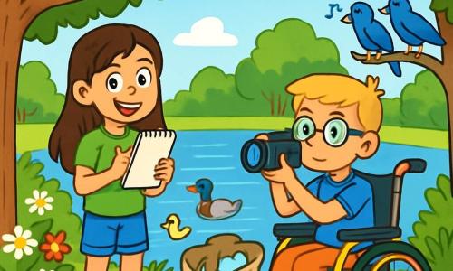Er zijn 2 hoofdpersonages: - Emma: een 10-jarig meisje met lang bruin haar, een groen t-shirt en een spijkerbroekshort. Ze houdt een notitieboekje en een potlood vast, glimlachend met enthousiasme, staand naast een boom. - Luca: een 10-jarige jongen met kort blond haar, zittend in een kleurrijke rolstoel. Hij draagt een blauw t-shirt en een bril, houdt een camera vast en kijkt nieuwsgierig naar het landschap. De situatie speelt zich af bij een prachtig meer omringd door grote bomen met heldergroene bladeren. Kleurige bloemen, zoals madeliefjes en klaprozen, groeien langs de oever, en vogels zingen vrolijk in de takken. De lucht is helderblauw met enkele donzige witte wolken. De hoofdscène toont Emma en Luca die de oever van het meer schoonmaken, afval oprapend terwijl ze vrolijk met elkaar praten. Ze zijn omringd door de schoonheid van de natuur, met nieuwsgierige eekhoorns die hen observeren en eenden die vredig in het heldere water zwemmen.